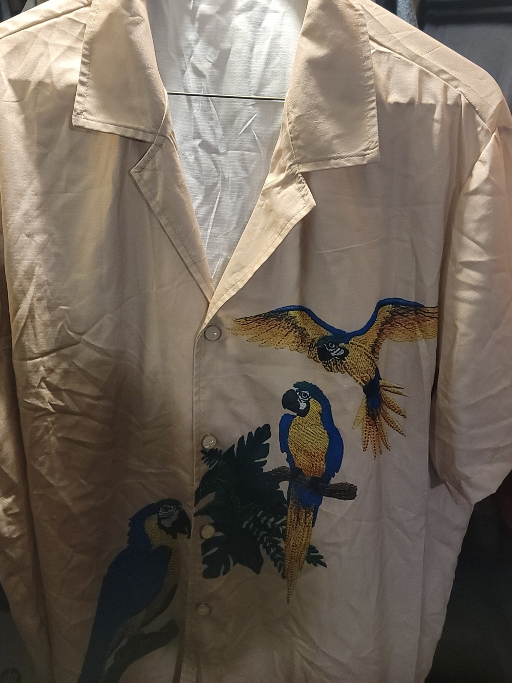 Tropical Parrot Button-Up Shirt in Beige with Blue & Yellow Birds